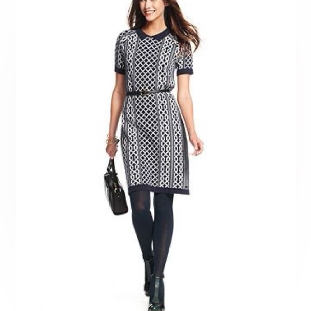 Wool Blend Short Sleeves Chain Printed Sweater Dress XS